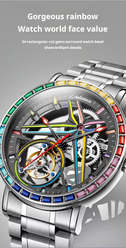 Rainbow Colored Gemstone Tourbillon Fashion Skeleton Watch Men Waterproof 30M Sports Watches Luxury Automatic Mechanical Clock