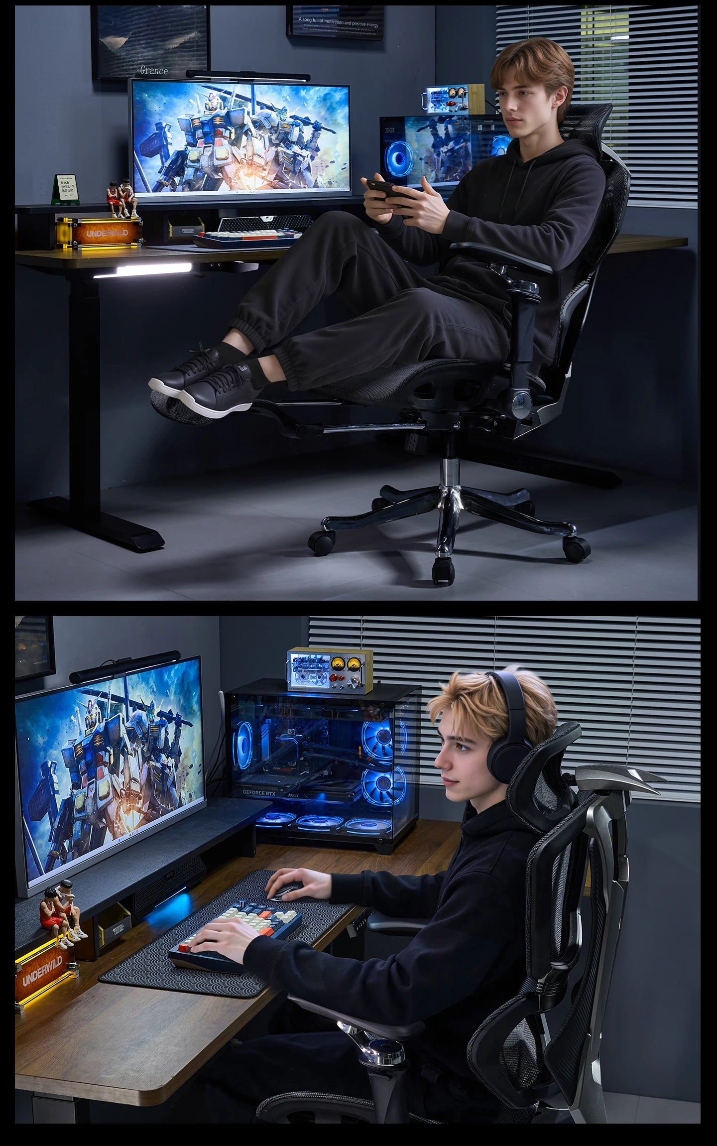 Ergonomic Gaming Chair with Wheels, Portable Office Chair, Adjustable Desk Chair with Armrests, Swivel Computer Chair for Work & Gaming