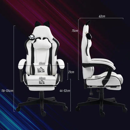 Cute Cat Gaming Chair with Removable Cat Ears, Retractable Footrest, Adjustable Height, Lumbar Support, 360° Swivel Reclining Gamer Chair