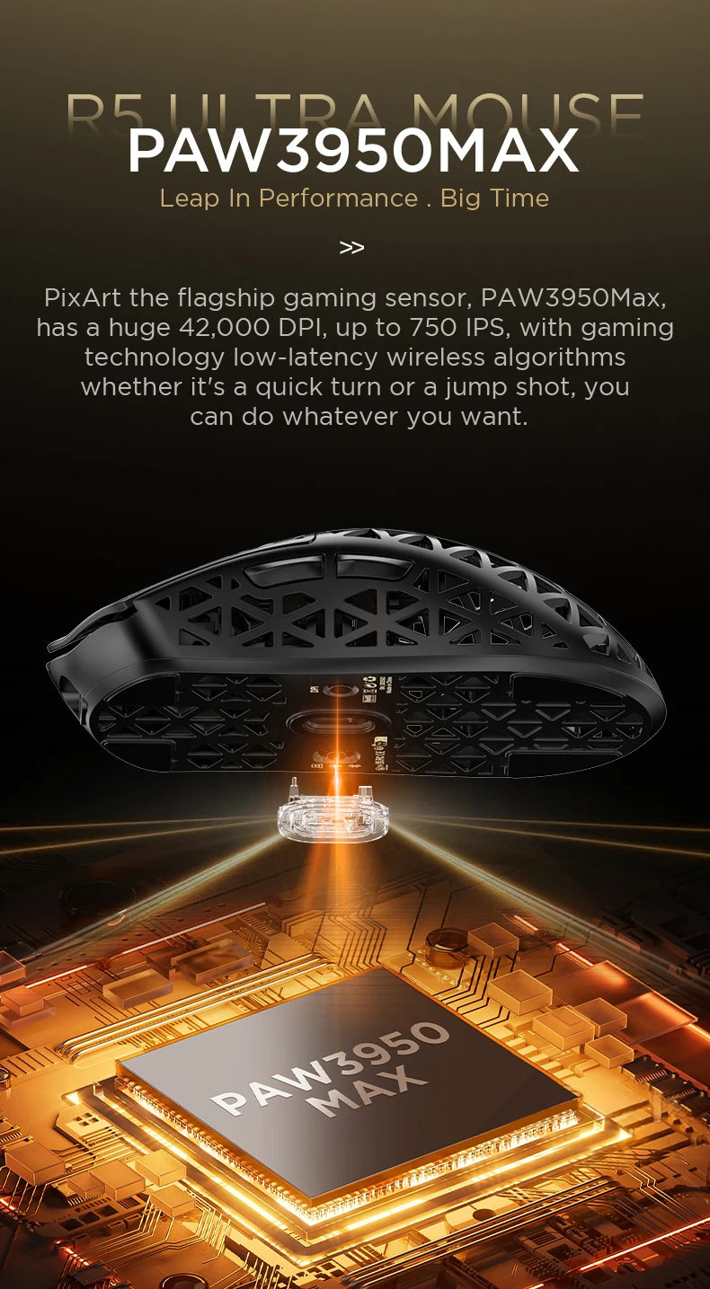 ATTACK SHARK R5 ULTRA Kabellose Gaming-Maus – 8K Polling, PAW3950MAX-Sensor, 42,000 DPI, ultraleicht aus Carbonfaser für Pro-Esport