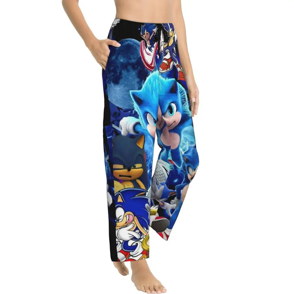 Custom Women Soniced Pajama Pants Printed Hedgehog Game Sleep Sleepwear Bottoms with Pockets