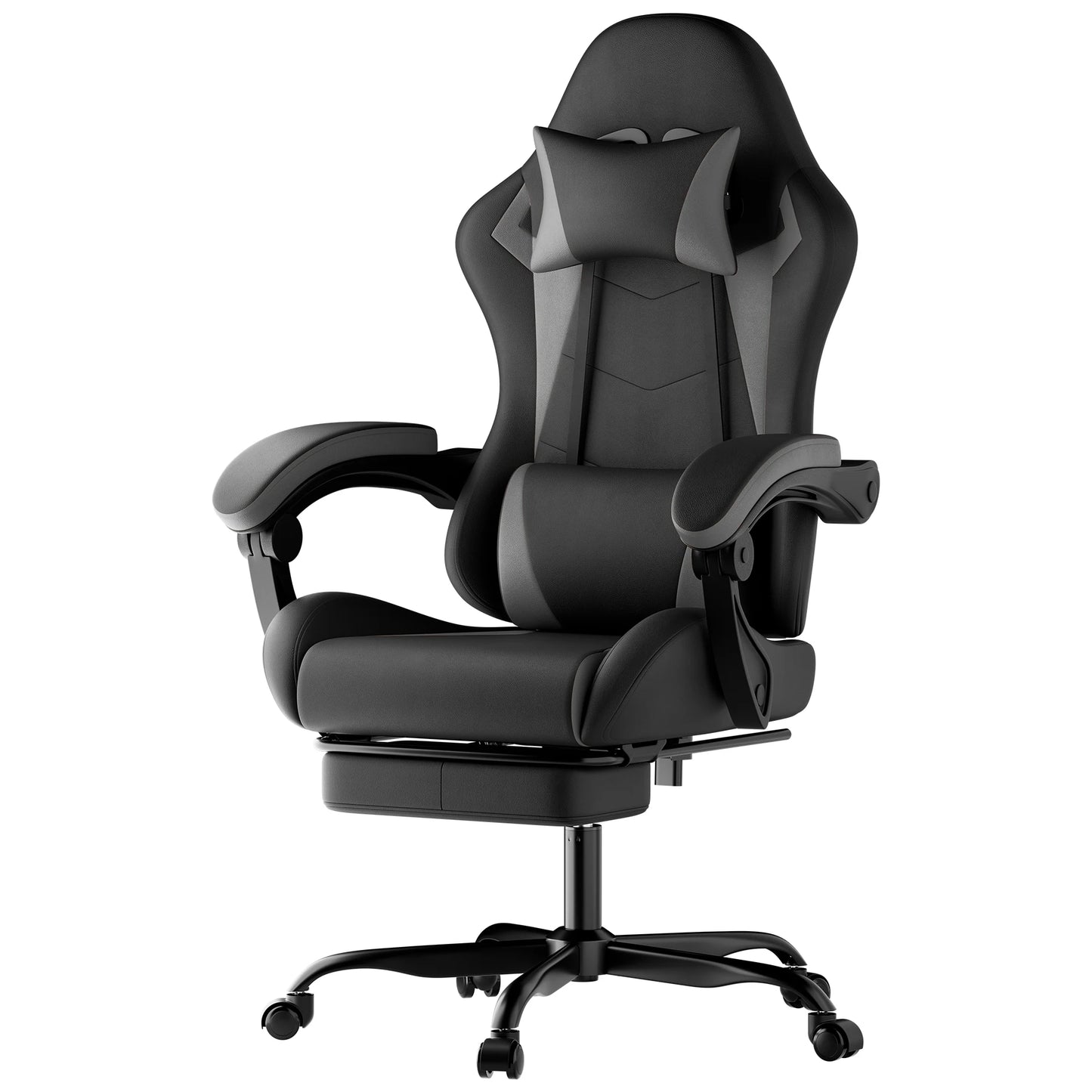 Ergonomic Gaming Chair, Lumbar & Head Pillow, Adjustable Height, Black-Grey