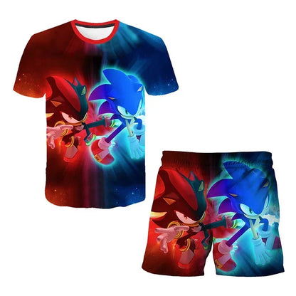 Sonic The Hedgehog Top Fashion 3D Anime Children's T-shirt Set Short Sleeve + Shorts Two-piece Set Girls Boys Cosplay Costume
