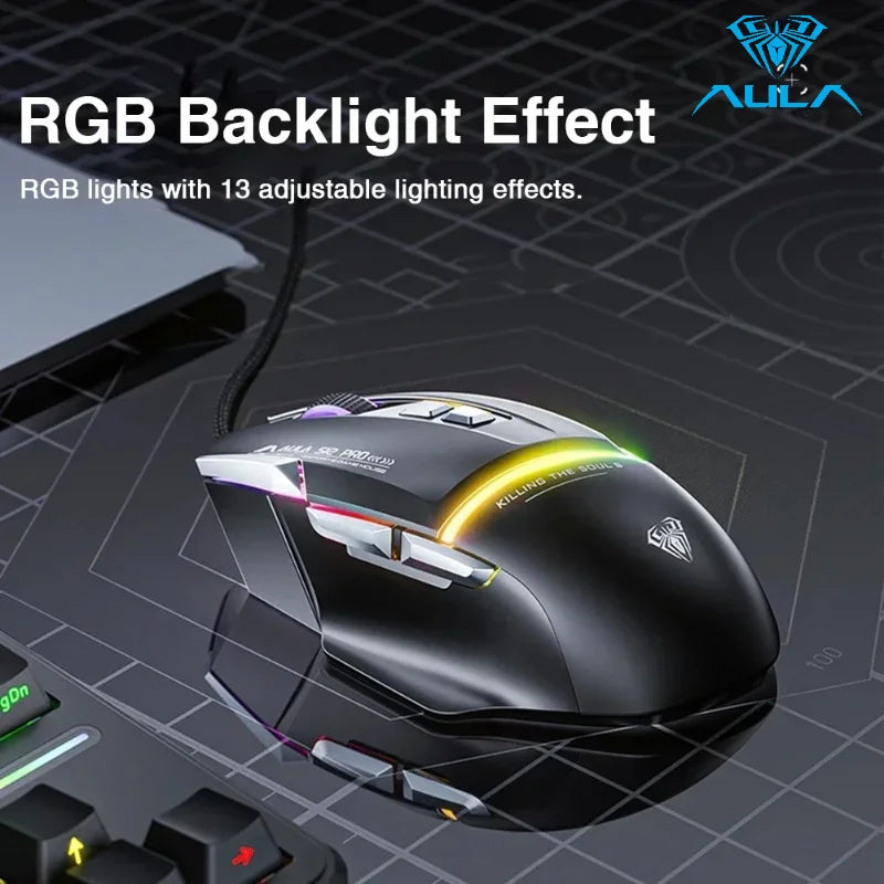 AULA S12Pro kablet mekanisk mus 1000HZ 12800DPI RGB lav latenstid makrodefinitioner esport gamingmus PC-gamer-tilbehør
