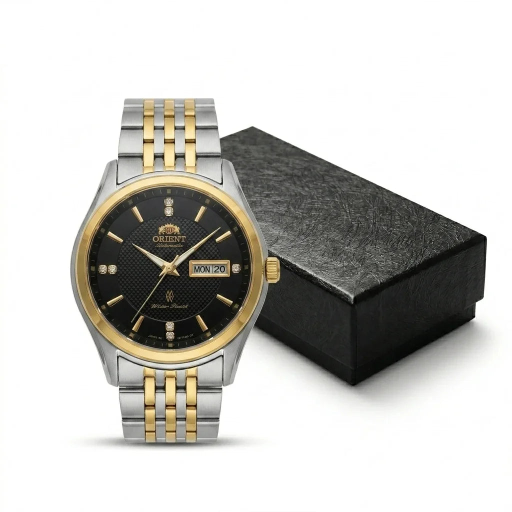 Orient automatisch mechanisch herenhorloge, met dubbele kalender (datum en dag van de week), kristallen indexen en roestvrijstalen armband – Polshorloge in professionele stijl