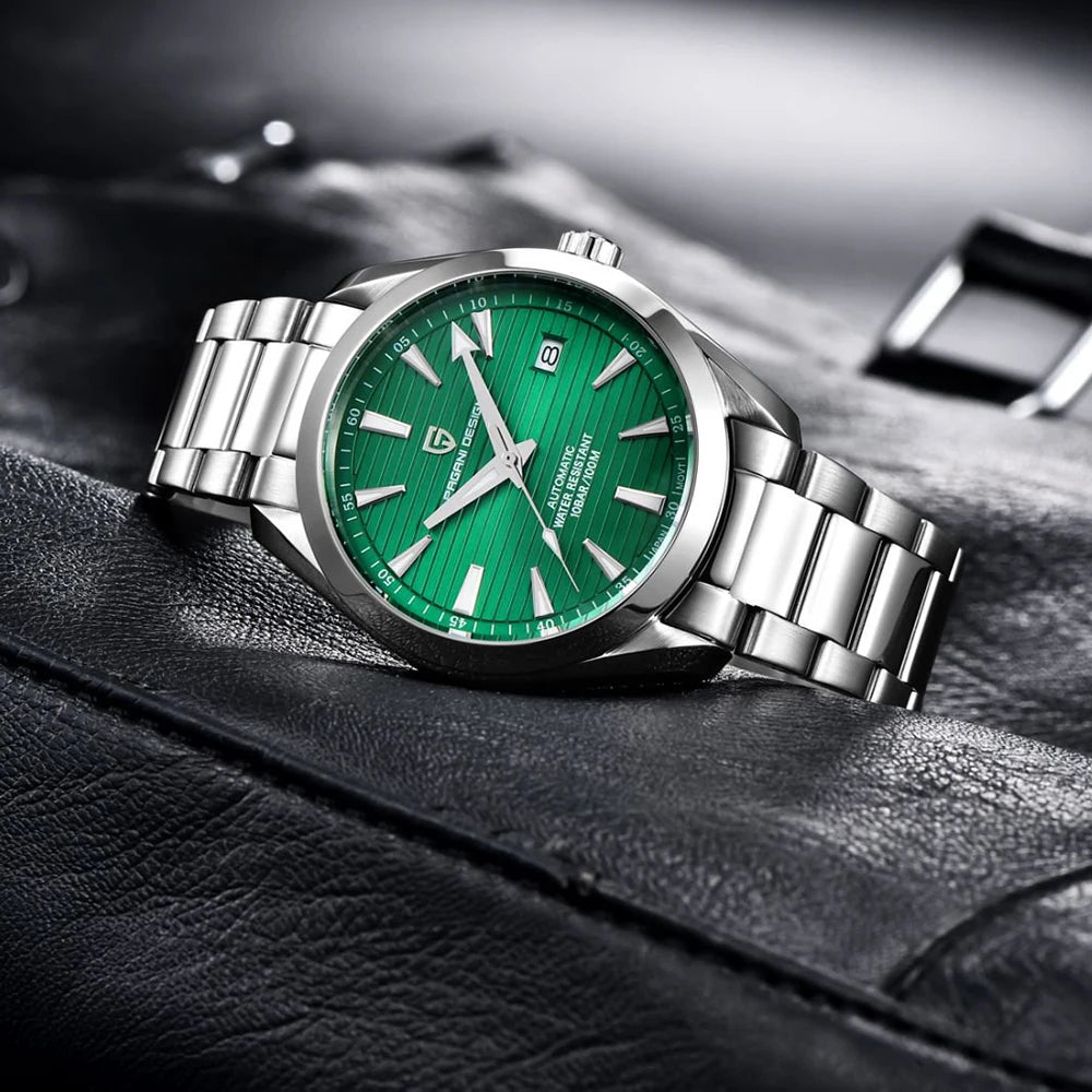 Luxe herenhorloge van PAGANI DESIGN – Mechanisch automatisch model (kaliber 8215), van roestvrij staal, waterdicht, met datumweergave en lichtgevende wijzers