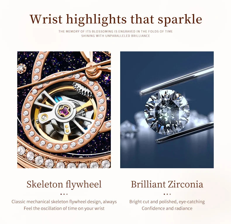 OLEVS Women’s Luxury Automatic Skeleton Watch  Starry Sky Stainless Steel Mechanical Wristwatch