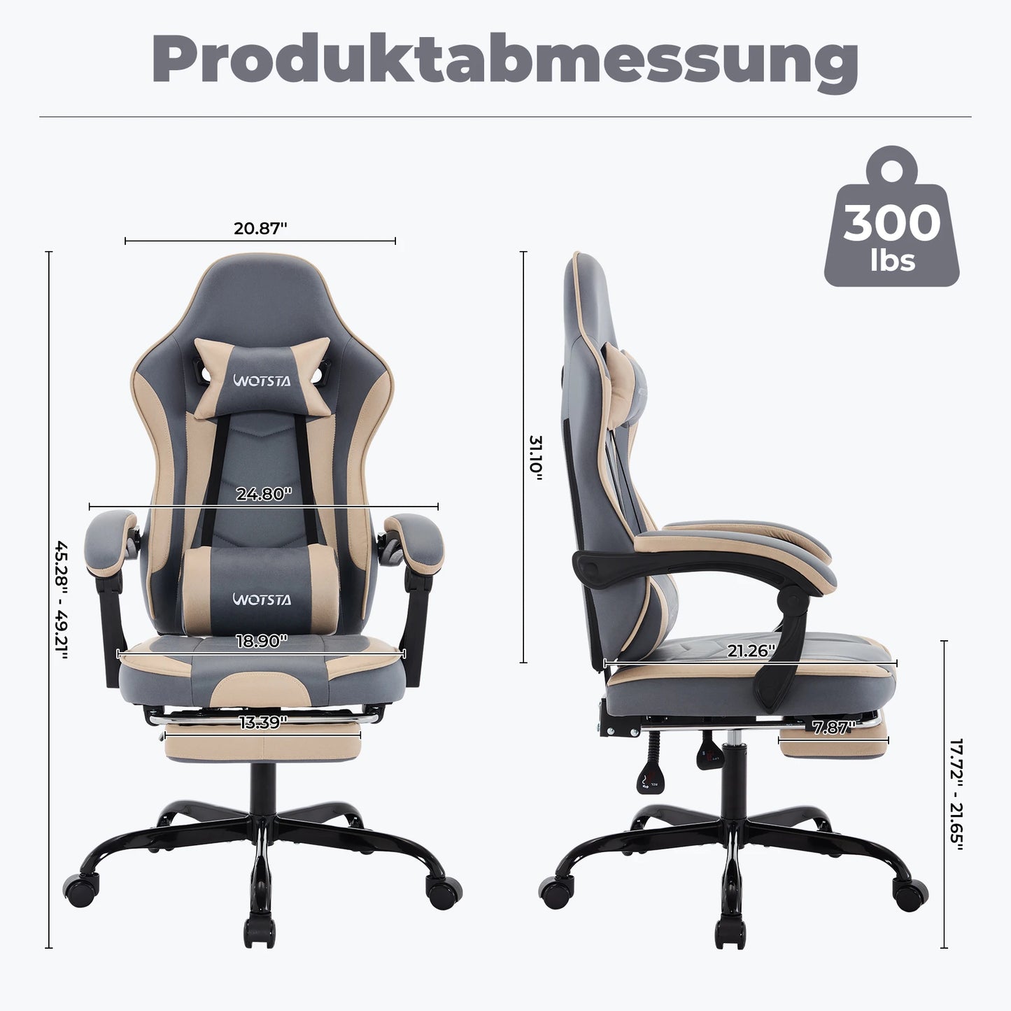 WOTSTA Gaming-Stuhl mit Fußstütze, ergonomischer Gamer-Stuhl mit Lendenkissen, Kopfstütze und höhenverstellbarem Computerstuhl