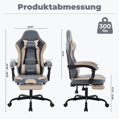 WOTSTA Gaming-Stuhl mit Fußstütze, ergonomischer Gamer-Stuhl mit Lendenkissen, Kopfstütze und höhenverstellbarem Computerstuhl