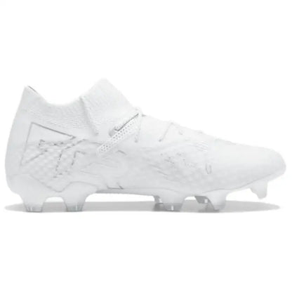Baskets Puma Future 7 Ultimate FG AG, modèle blanc, couleur argentée, 107916-04.