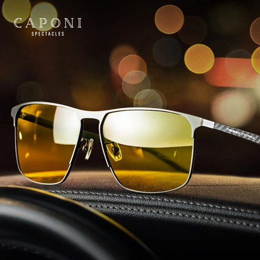 CAPONI Top Quality Night Vision Sunglasses For Men Women Carbon Fiber Frame Square Glasses UV400 lenses Goggles BSYS28964
