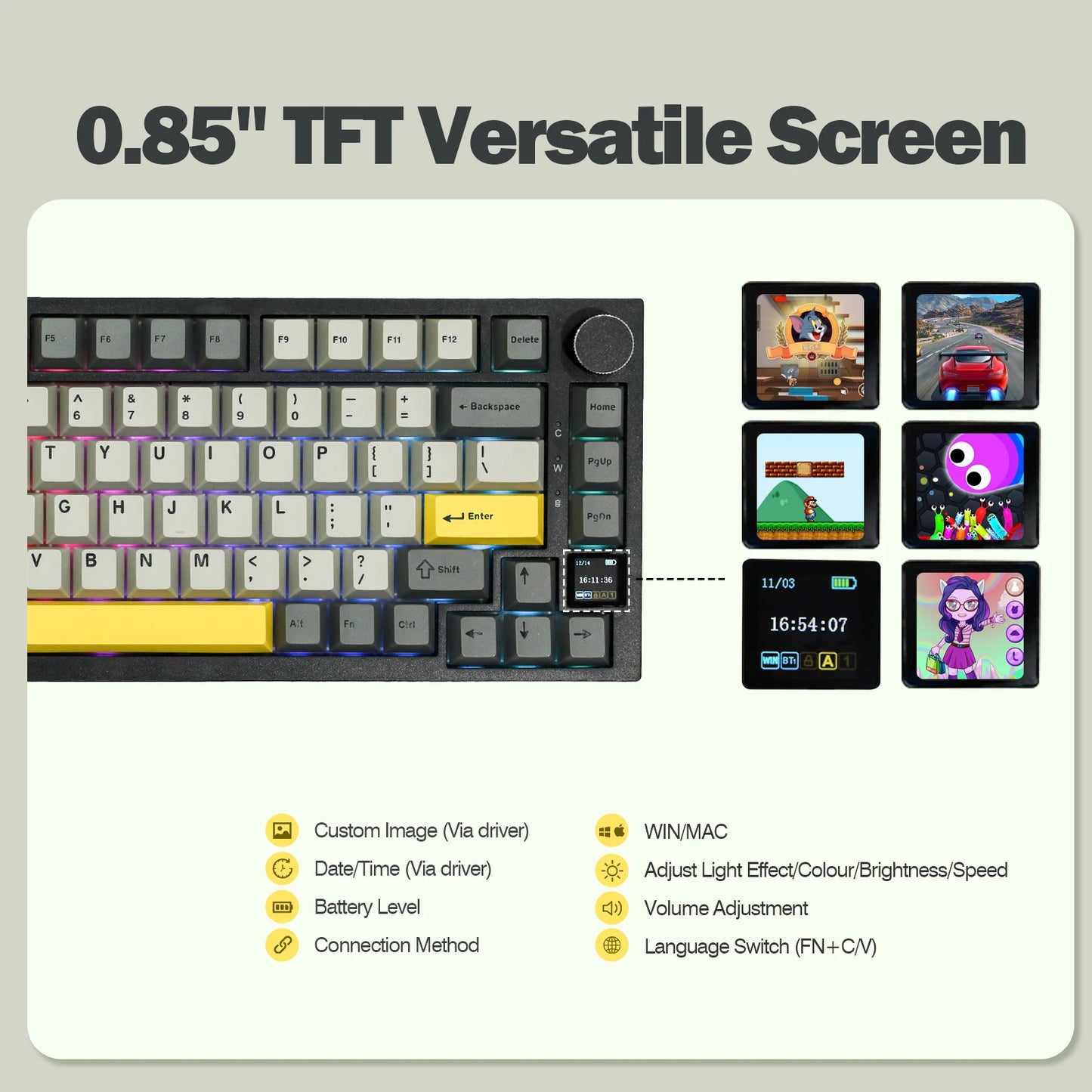 Ajazz AK820 Pro 75% mechanische Tastatur mit Gasket-Mount, Bluetooth 5.1/2.4G, kabellos/kabelgebunden, mit TFT-Bildschirm für Mac/Win