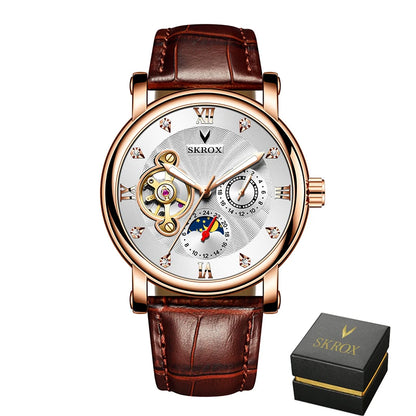 Luxe automatisch mechanisch herenhorloge van een bekend merk, voorzien van een tourbillon, een maanfase-indicator en diamanten – een elegant polshorloge.
