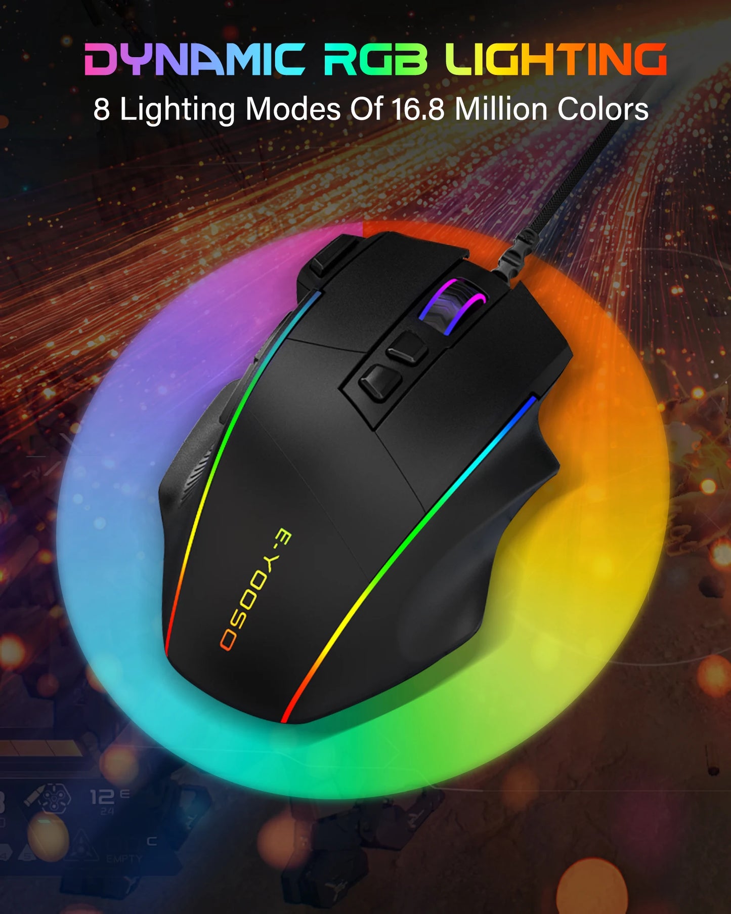 E-YOOSO X49 kabelgebundene Gaming-Maus, 12400 DPI einstellbar, RGB-beleuchtet, 8 programmierbare Tasten, ergonomische Gamer-Maus für PC und Laptop