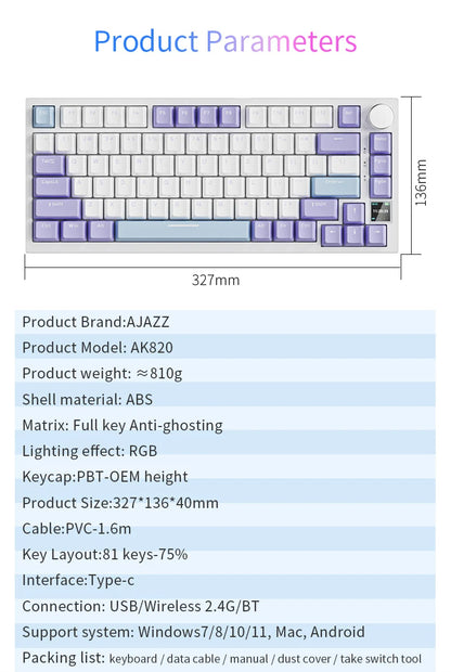 AJAZZ AK820 Tastiera meccanica layout compatto 70%/illuminazione RGB/switch hot-swappable, con connessione cablata, wireless e Bluetooth