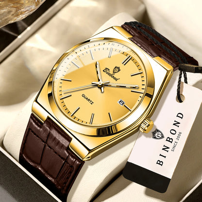 BINBOND lyxig kvartsarmbandsur för män – Vattentätt, självlysande, med automatisk datumvisning – Professionell, sportig, trendig och avslappnad stil – Läderarmband
