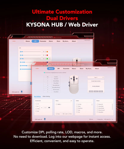 KYSONA Jupiter Series gamingmus – kablede/trådløse mus, 8Khz PAW3950-sensor, Bluetooth, 46g, genopladelig, webdriver til PC og bærbar