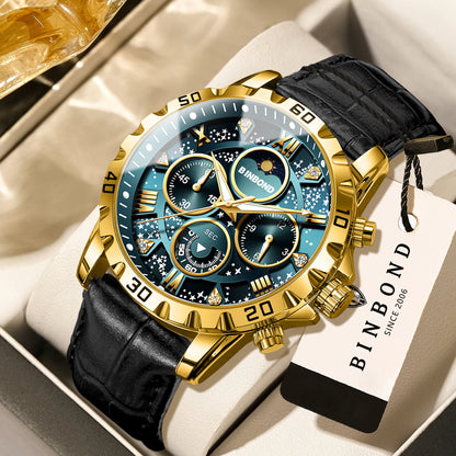 Orologio da polso al quarzo BINBOND, autentico e preciso, da uomo, cronografo di lusso illuminato e impermeabile con cinturino in pelle.
