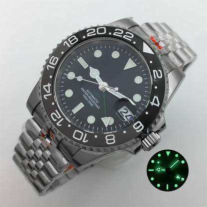 BLIGER 40mm NH34 GMT Watch For Men Mechanical Wristwatch Luminous Bezel Sapphire Glass Stainless Steel Bracelet Reloj Hombre
