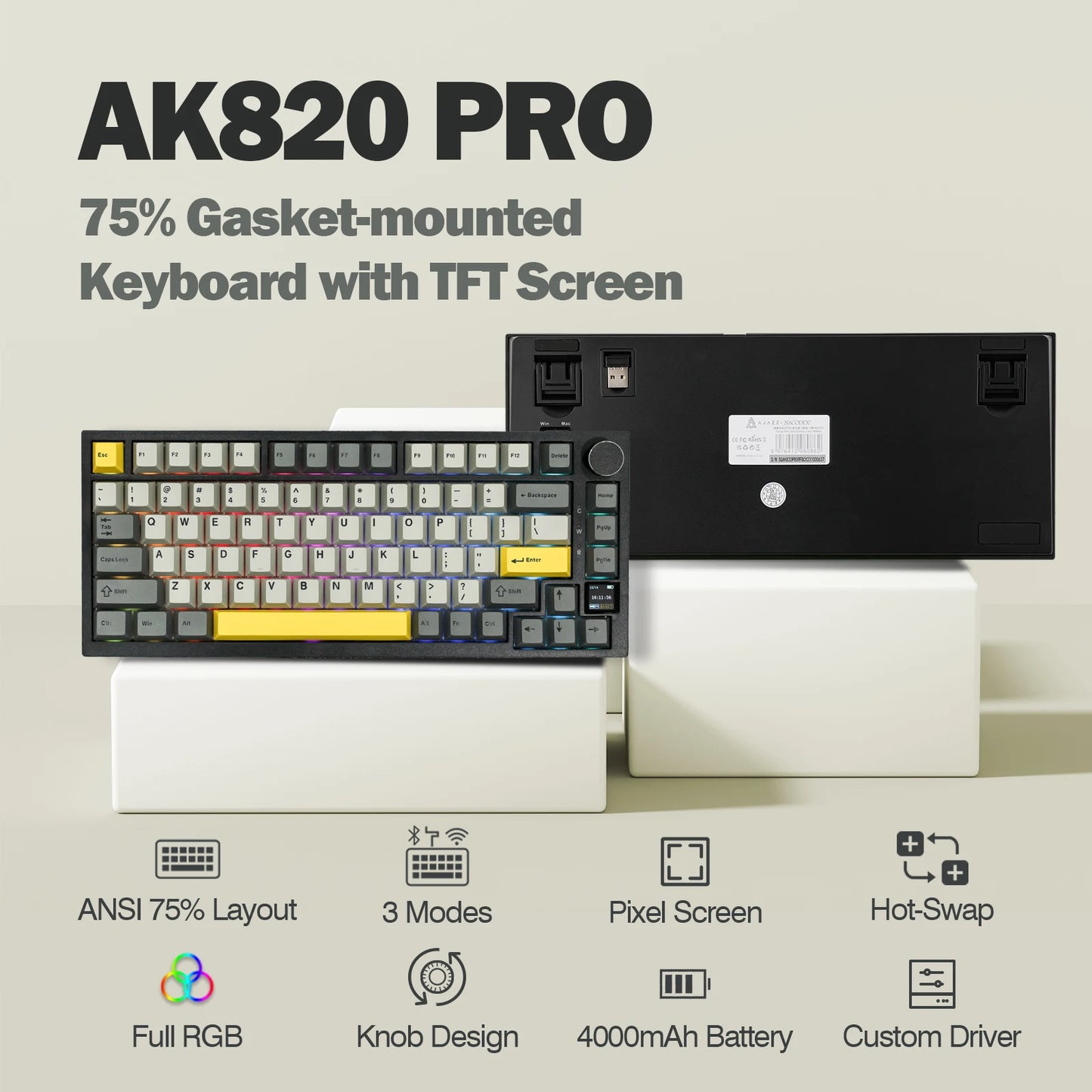 Ajazz AK820 Pro 75% mechanische Tastatur mit Gasket-Mount, Bluetooth 5.1/2.4G, kabellos/kabelgebunden, mit TFT-Bildschirm für Mac/Win