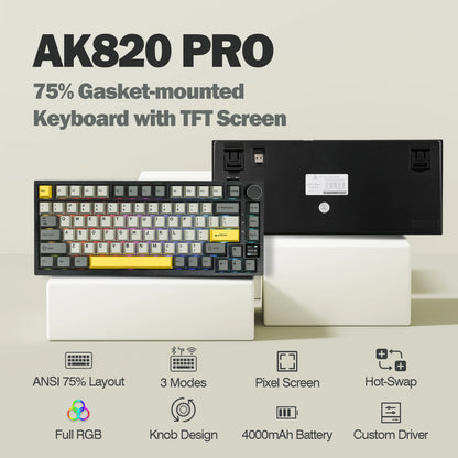Ajazz AK820 Pro 75% mechanische Tastatur mit Gasket-Mount, Bluetooth 5.1/2.4G, kabellos/kabelgebunden, mit TFT-Bildschirm für Mac/Win