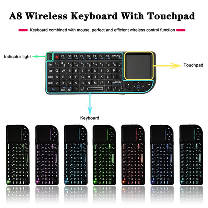 Teclado inalámbrico A8 Mini 2.4G con retroiluminación de 7 colores, teclado portátil 3 en 1 con panel táctil y Air Mouse para Android TV Box, PC y tablet