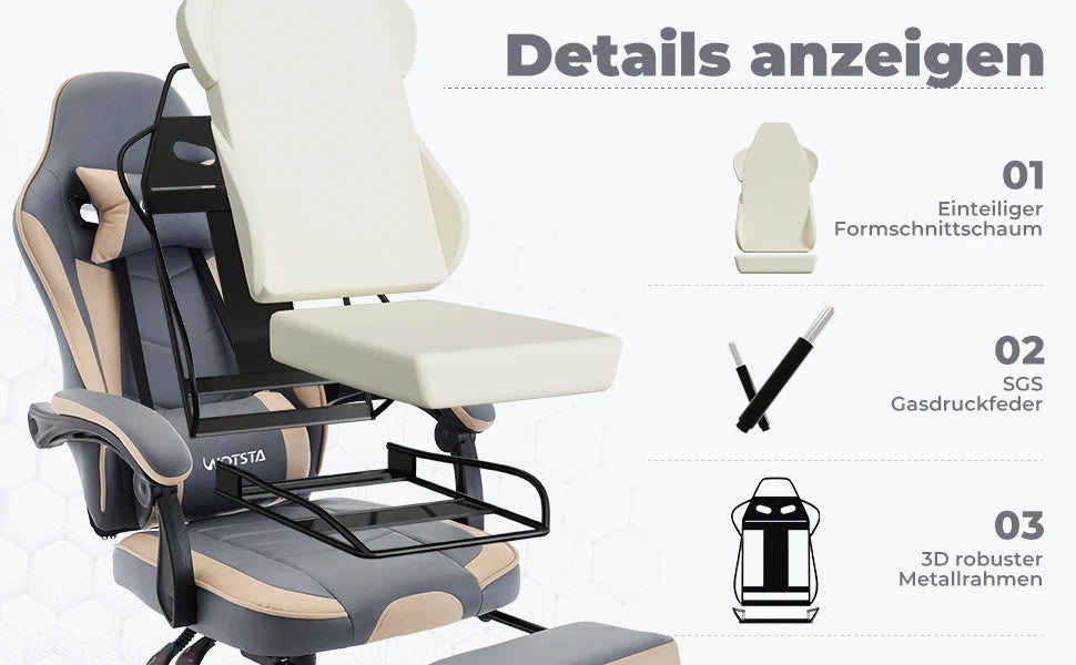 WOTSTA Gaming-Stuhl mit Fußstütze, ergonomischer Gamer-Stuhl mit Lendenkissen, Kopfstütze und höhenverstellbarem Computerstuhl