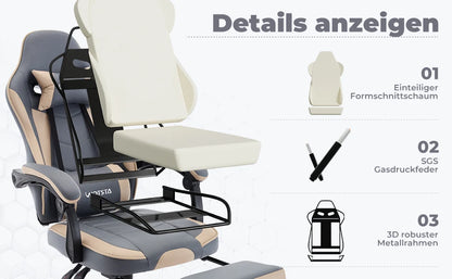 WOTSTA Gaming-Stuhl mit Fußstütze, ergonomischer Gamer-Stuhl mit Lendenkissen, Kopfstütze und höhenverstellbarem Computerstuhl