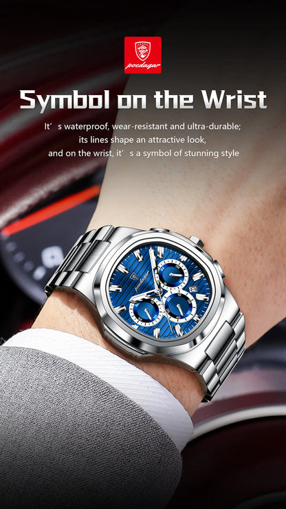 POEDAGAR Men’s Luxury Stainless Steel Quartz Watch  Waterproof Chronograph with Luminous Dial & Date