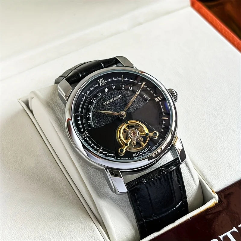 Montre mécanique automatique pour homme – Design ajouré élégant, style « business casual » tendance, boîtier en alliage et bracelet en cuir, sans pile