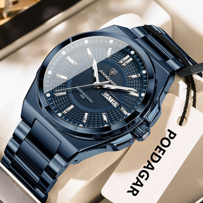 Montre-bracelet de luxe POEDAGAR Sport Original pour homme, à quartz, avec date et jour de semaine, étanche et lumineuse, en acier inoxydable.