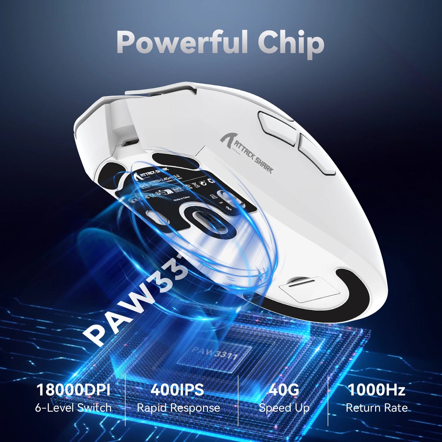 Mysz gamingowa ATTACK SHARK R1 Tri-mode, sensor PixArt PAW3311, 18000 DPI, 1000hz, ultralekka 59g, do dużych dłoni, do PC/Mac