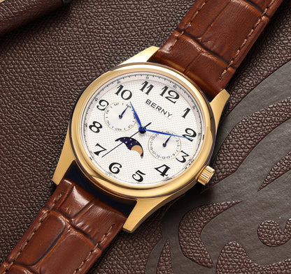 BERNY Watches for Men Moon Phase Quartz Men's Watch Day and Date Calendar Easy Read Vintage-Style Business Dress Wristwatch