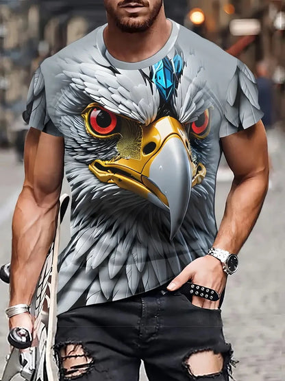 Nowa męska koszulka T-shirt z efektownym wzorem orła, nadruk 3D z płomiennym orłem, letni streetwear, modny krótki rękaw, męskie T-shirty i topy