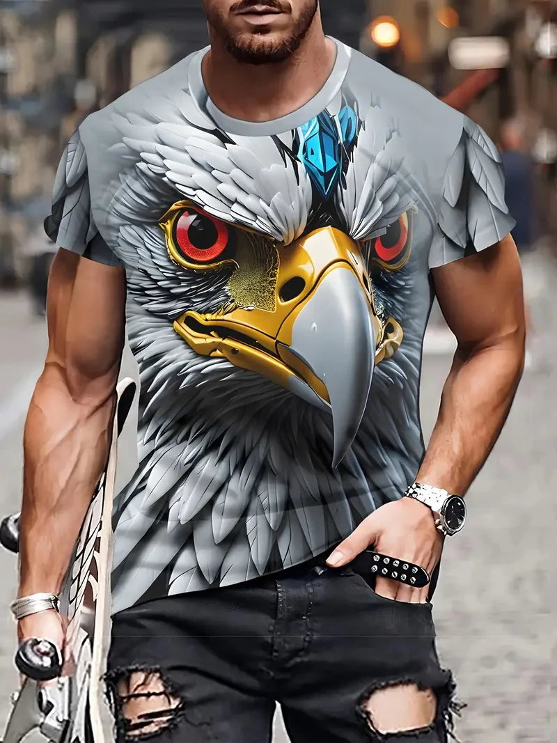 Nowa męska koszulka T-shirt z efektownym wzorem orła, nadruk 3D z płomiennym orłem, letni streetwear, modny krótki rękaw, męskie T-shirty i topy
