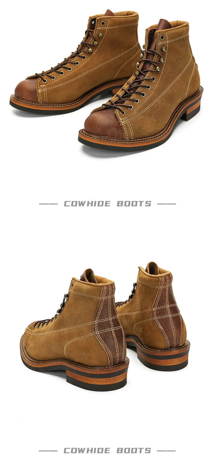KOWM cowhide Hiking shoes men's walking boot British trekking shoes thick soled cowhide high top motorcycle boots ankle sneakers