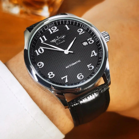 Montre pour homme WINNER – Style classique, rétro et élégant – Montre mécanique automatique avec calendrier – Marque de luxe, boîtier en acier et bracelet en cuir