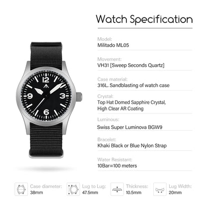 Militado New ML05 Sweep Seconds Movement VH31 Sapphire Super-LumiNova  BGW9 High Transparency AR Coated 38mm Vintage Watches