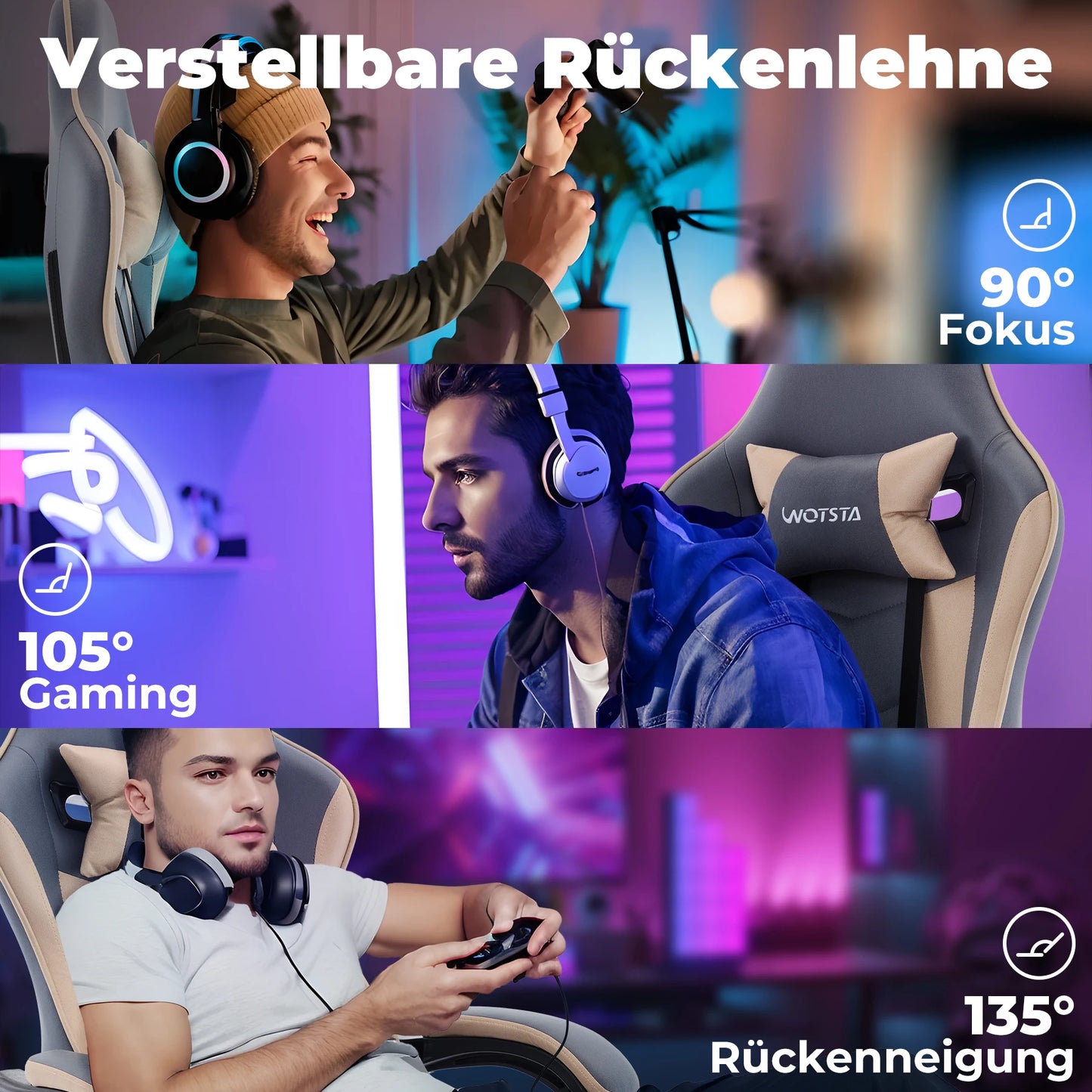 WOTSTA Gaming-Stuhl mit Fußstütze, ergonomischer Gamer-Stuhl mit Lendenkissen, Kopfstütze und höhenverstellbarem Computerstuhl