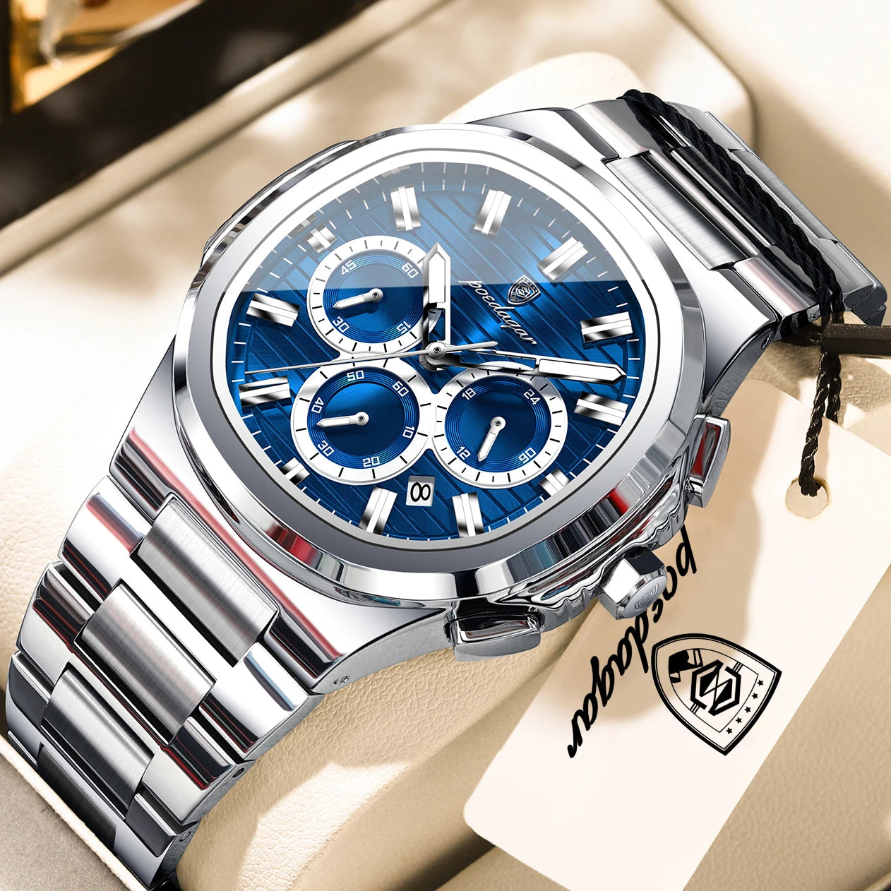 POEDAGAR Men’s Luxury Stainless Steel Quartz Watch  Waterproof Chronograph with Luminous Dial & Date