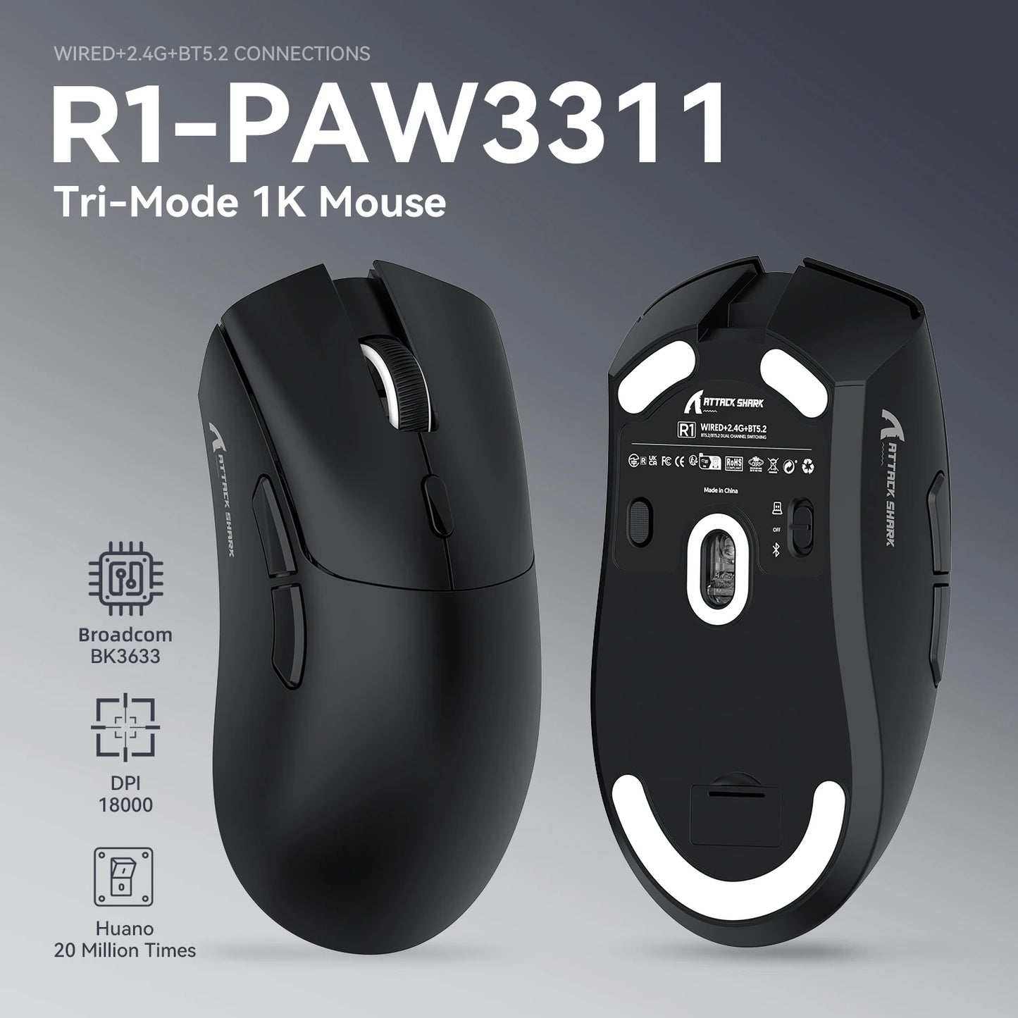Mysz gamingowa ATTACK SHARK R1 Tri-mode, sensor PixArt PAW3311, 18000 DPI, 1000hz, ultralekka 59g, do dużych dłoni, do PC/Mac