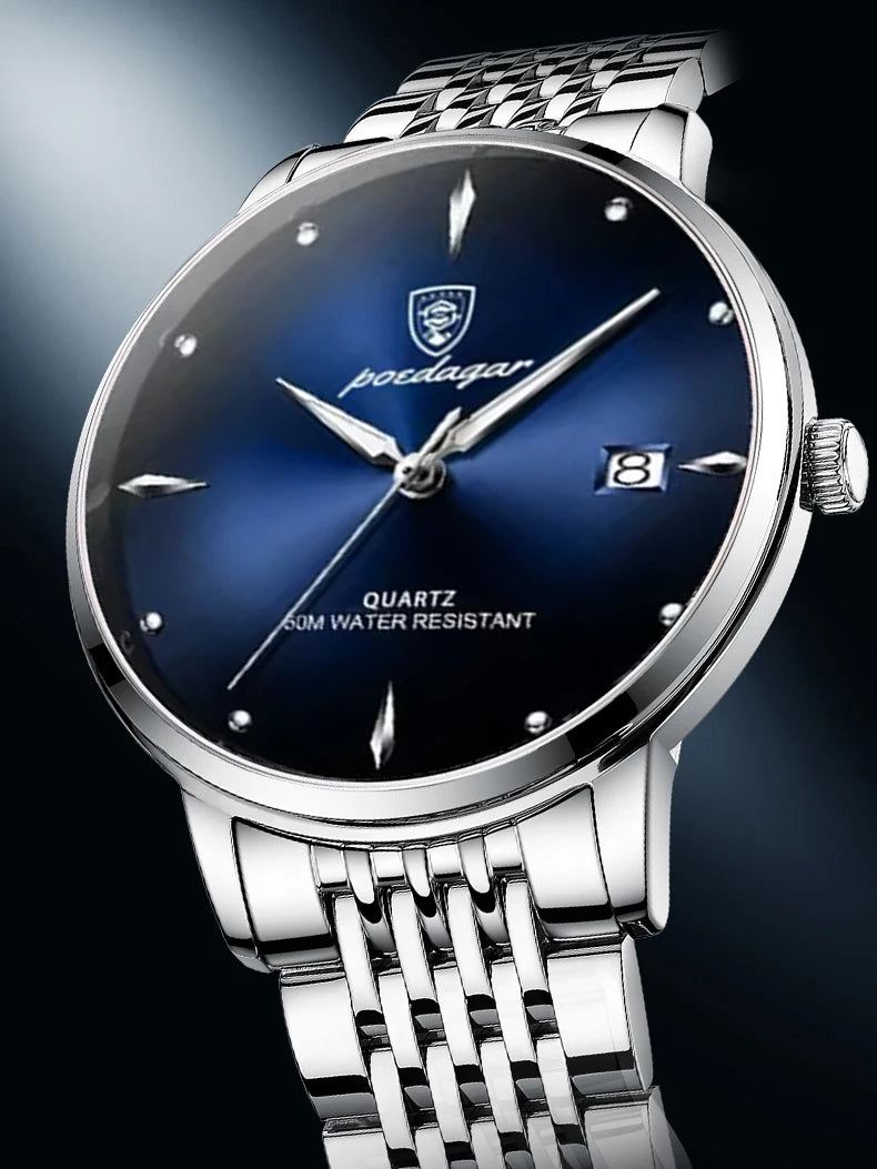 Montre homme POEDAGAR Business Quartz, acier inoxydable, étanche, date lumineuse, montre-bracelet de luxe décontractée pour homme