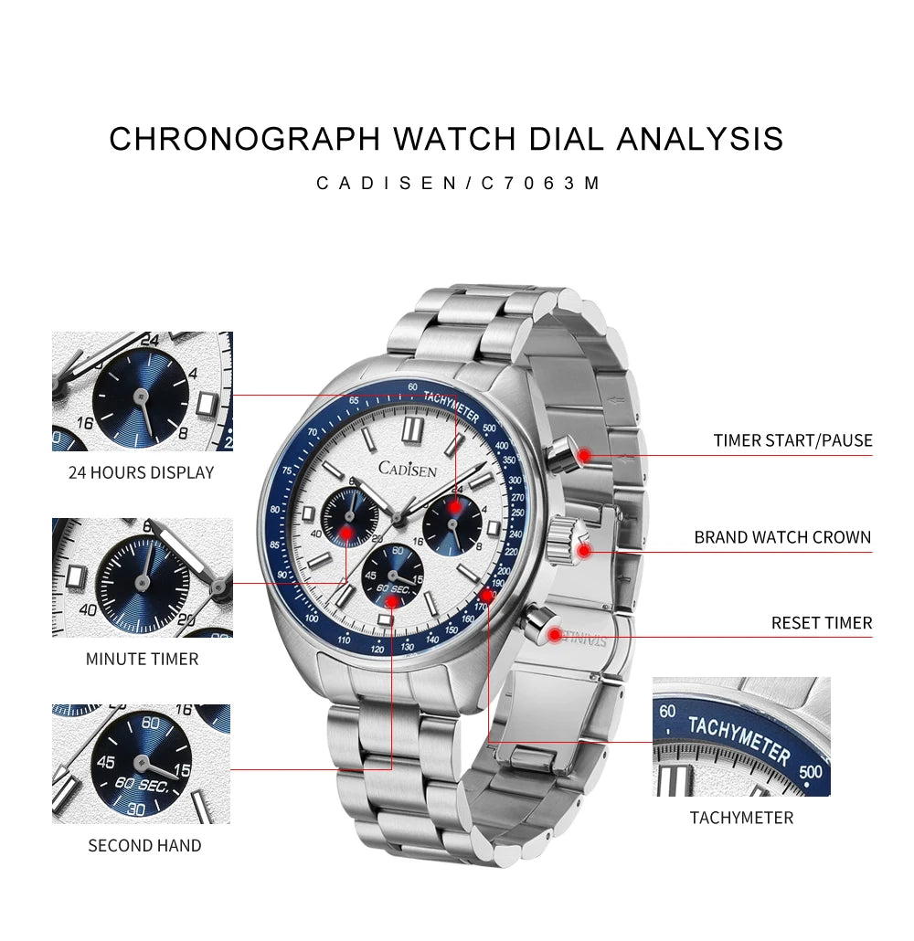 CADISEN 2024 New Men Watches Quartz Business Watches Japan VD53 Mens Clock Top Brand Luxury Watch Men Chronograph Watch for Men