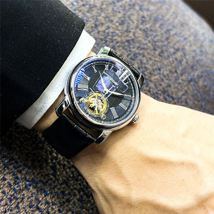 Montre mécanique automatique pour homme – Design squelette élégant, style « business casual » tendance, boîtier en alliage et bracelet en cuir, sans pile