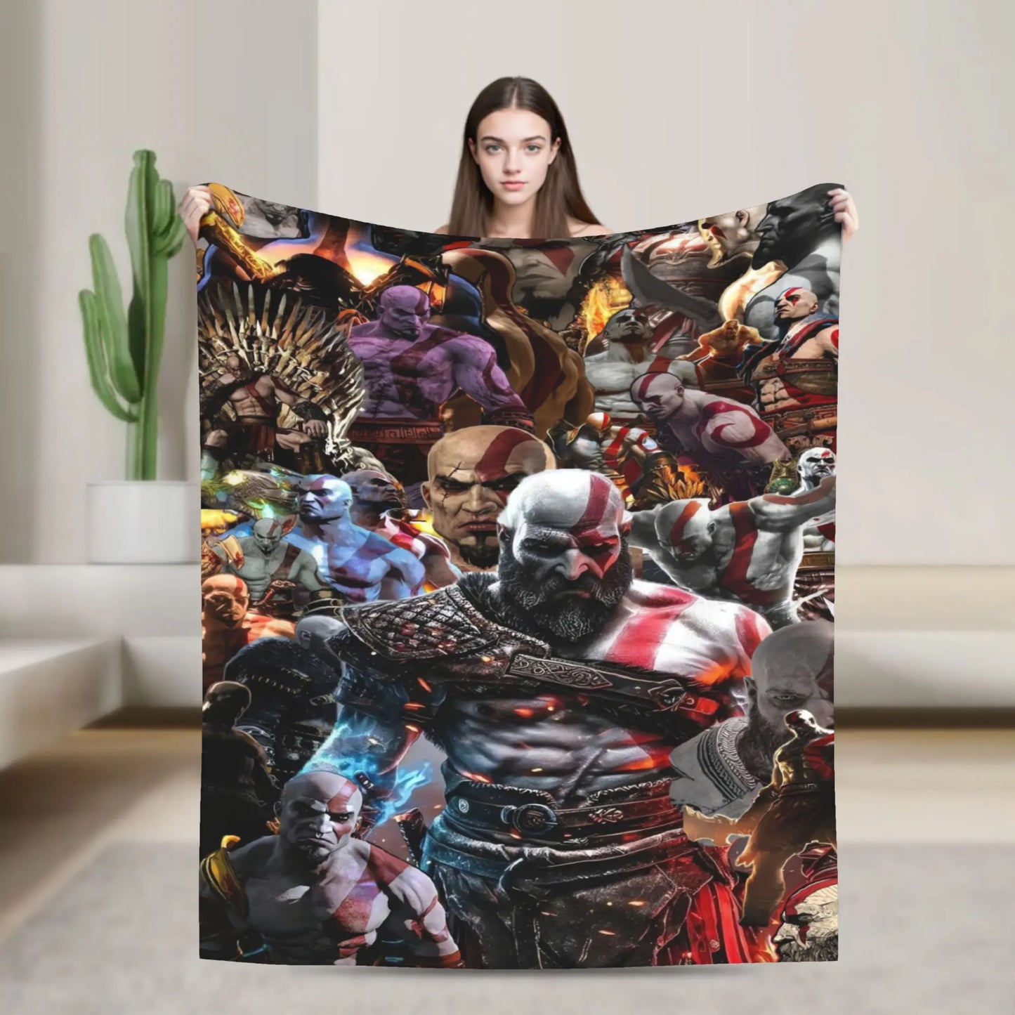 God of War Games Kratos Cartoon Blanket Warm Soft Pattern Plush Throw Blanket For Couch Chair Sofa Bed Bedspread Bed Cover
