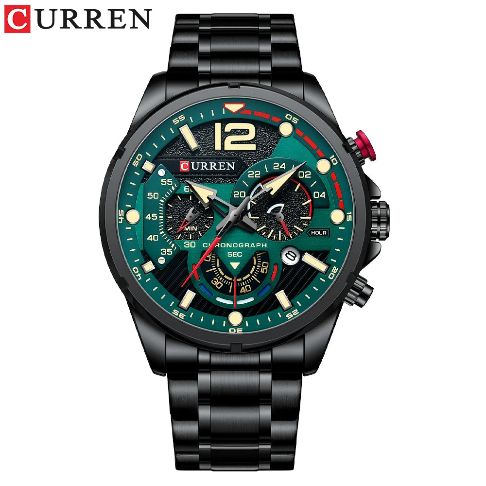 Orologio da uomo CURREN sportivo al quarzo con cronografo, in acciaio inox di lusso con quadrante luminoso
