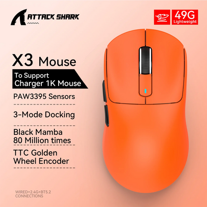X3 Gaming Mouse Wireless ATTACK SHARK Rot 4K Rückläufe, Bluetooth-Tri-Mode-Verbindung, PAW3395, Makro-Bluetooth-Gaming-Maus