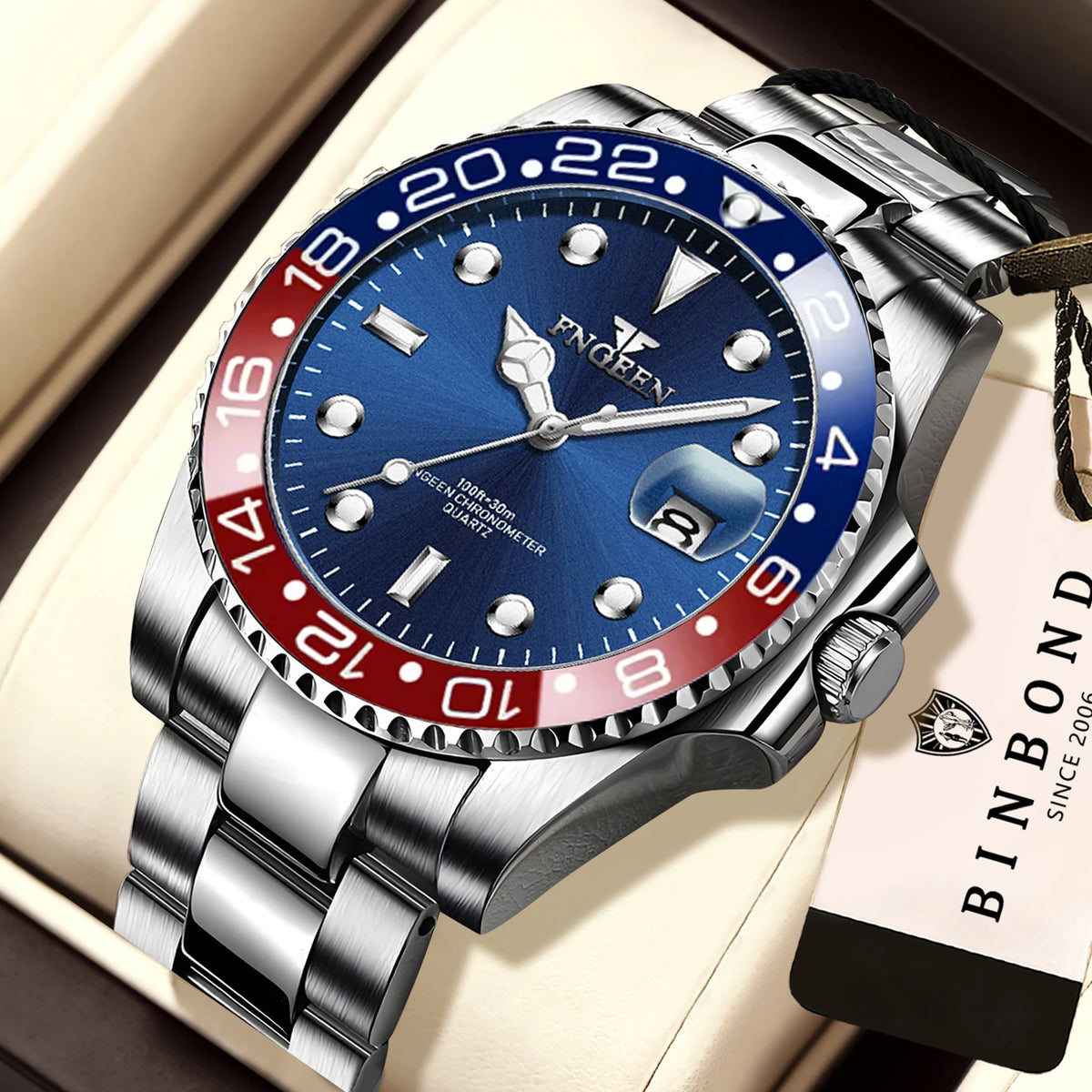 Montre-bracelet à quartz FNGEEN Son Brand de BINBOND avec bracelet en acier inoxydable pour homme, lumineuse et étanche, de luxe.