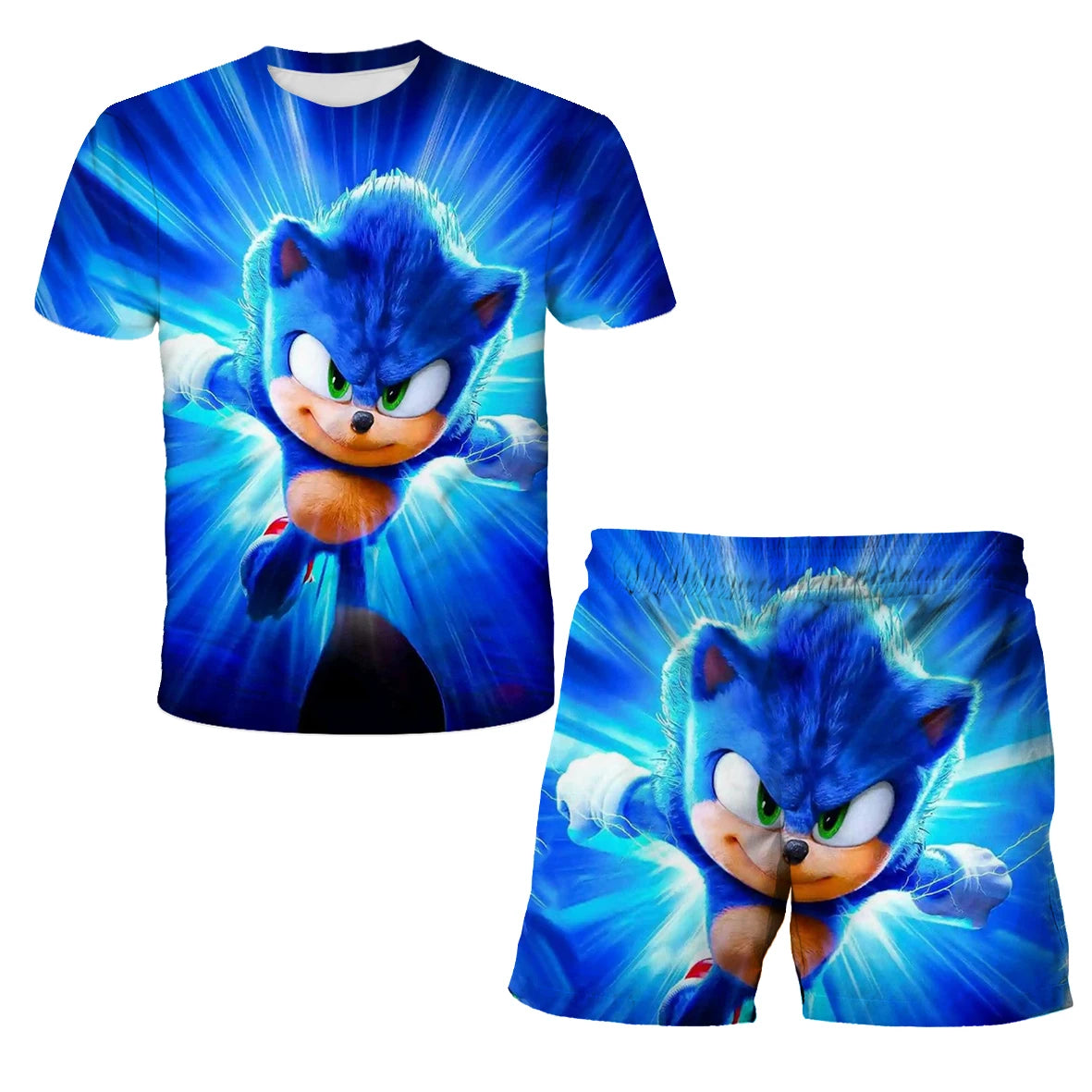 New Boys T-shirt Sonic The Hedgehog 3D T-shirt Set for Boys Girls Cute Summer Top + Shorts Children's Short-Sleeve Birthday Gift