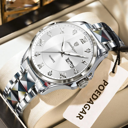 POEDAGAR herenhorloge, origineel luxemodel, waterdicht, verlicht, met datum- en dagweergave, elegante stijl, roestvrijstalen kast, quartz uurwerk, ideaal voor op het werk.